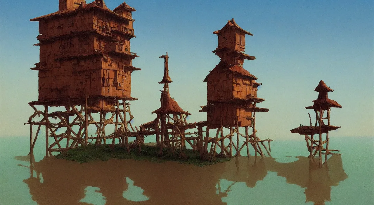 Image similar to single flooded simple ancient wooden arabian tower, very coherent and colorful high contrast!! masterpiece by rene magritte simon stalenhag carl spitzweg syd mead norman rockwell edward hopper james gilleard, surrealism!, minimalist, dark shadows, sunny day, hard lighting