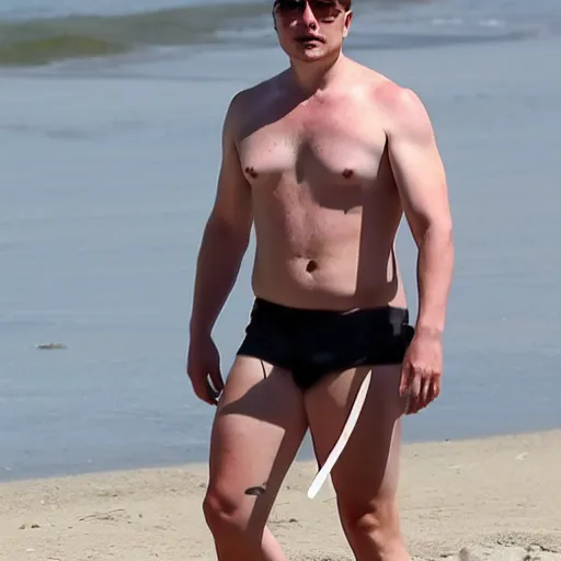 Image similar to elon musk in a speedo on the beach