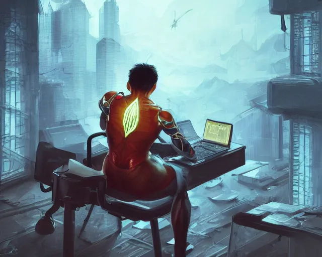 Image similar to an insanely detailed painting of an asian man wearing a homemade superhero costume, sitting at a desk, staring at the nervously at the computer and typing, in the style of peter mohrbacher, dramatic lighting and composition, surreal background, octane render, pixar, trending on artstation, concept art, comic book, view from behind