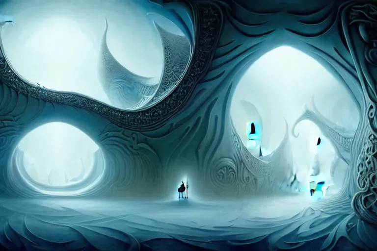 Image similar to an epic elegant mysterious beguiling masterpiece fantasy matte painting of an impossible path winding through arctic dream worlds with surreal architecture designed by heironymous bosch, structures inspired by heironymous bosch's garden of earthly delights, surreal ice interiors by cyril rolando and asher durand and natalie shau, insanely detailed, whimsical, intricate, sharp focus, elite