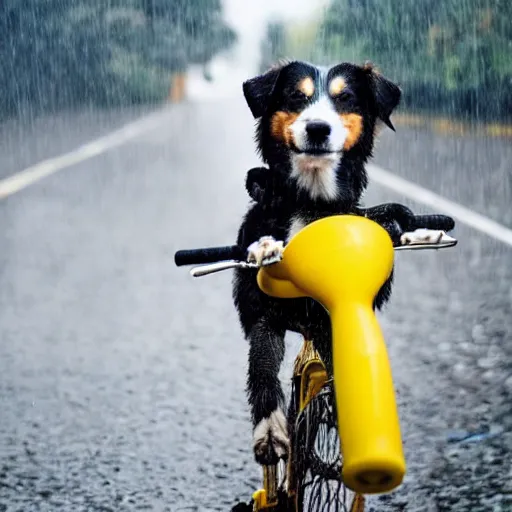 Prompt: a dog with a yellow hat riding a bike while raining