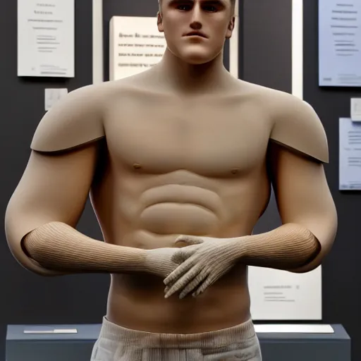 Image similar to a realistic detailed photo of a guy who is an attractive humanoid who is half robot and half humanoid, who is a male android, boxer and youtuber jake paul, shiny skin, posing like a statue, blank stare, at the museum, on display