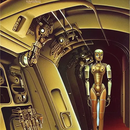 Image similar to a female with robotic interior, cyborg, by clyde caldwell, james c. christensen, h. r. giger, george tooker