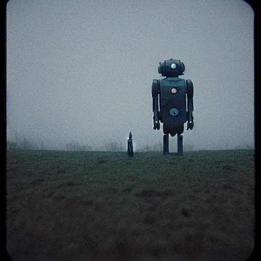Image similar to the liminal observer droid by dennis mejillones, in a brutalist yet rural landscape by simon stalenhag, 3 5 mm film photography, dawn, eerie fog