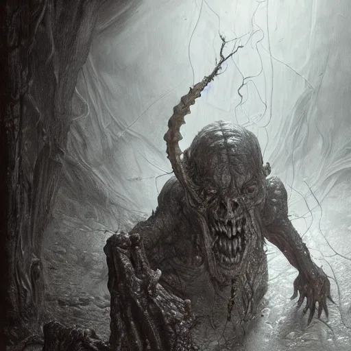 Prompt: photorealistic rendering of eldritch demon from resident evil 7 in the style of michael whelan and gustave dore. hyperdetailed photorealism by greg rutkowski, 1 0 8 megapixels, cinematic lighting.