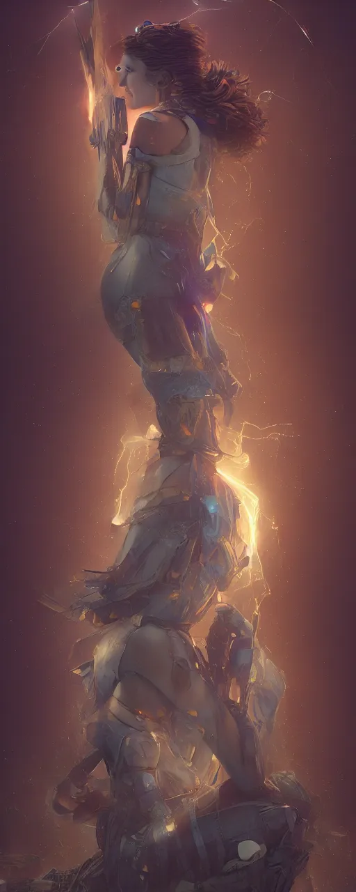 Prompt: Dystopian future princess, sit upon a thrown of electronic scrap, holding an axe of light above her head which shoots thunder and light into the night sky, in the style of artgerm and greg rutkowski and alphonse mucha, concept art, ultra realism, photo realism, cgsociety, octane render, artstationHD, artstationHQ, unreal engine, 4k, 8k