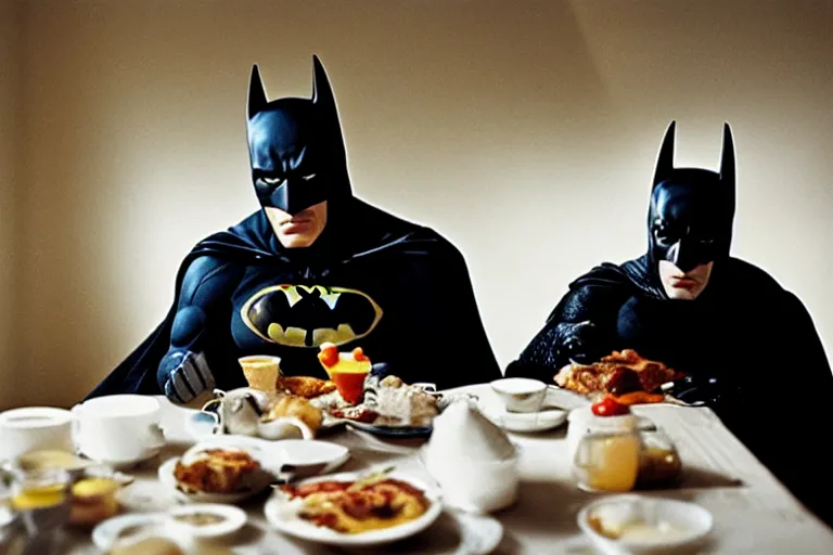 Image similar to portrait of Batman eating breakfast By Emmanuel Lubezki