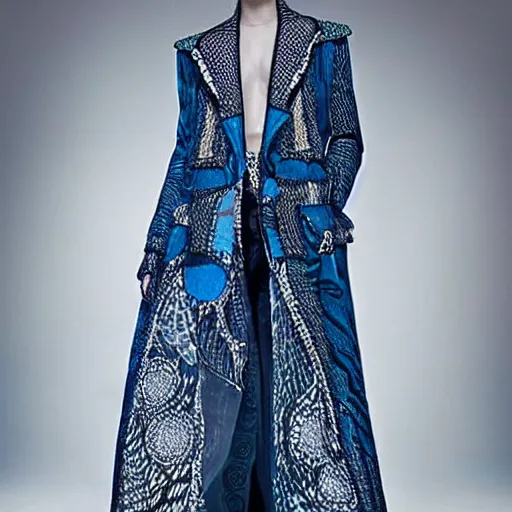 Image similar to fashion 2 0 5 0 fantastic openwork long coat with intricate pattern on a beautiful symmetrical girl with blue hair, hyper realistic photos