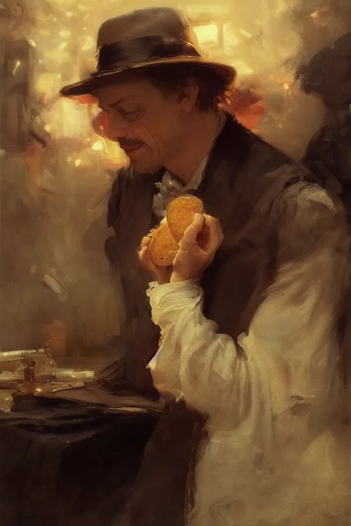 Image similar to beautiful portrait of anthropomorphic loaf of bread steve buscemi, art by anders zorn, wonderful masterpiece by greg rutkowski, beautiful cinematic light, american romanticism thomas lawrence, greg rutkowski