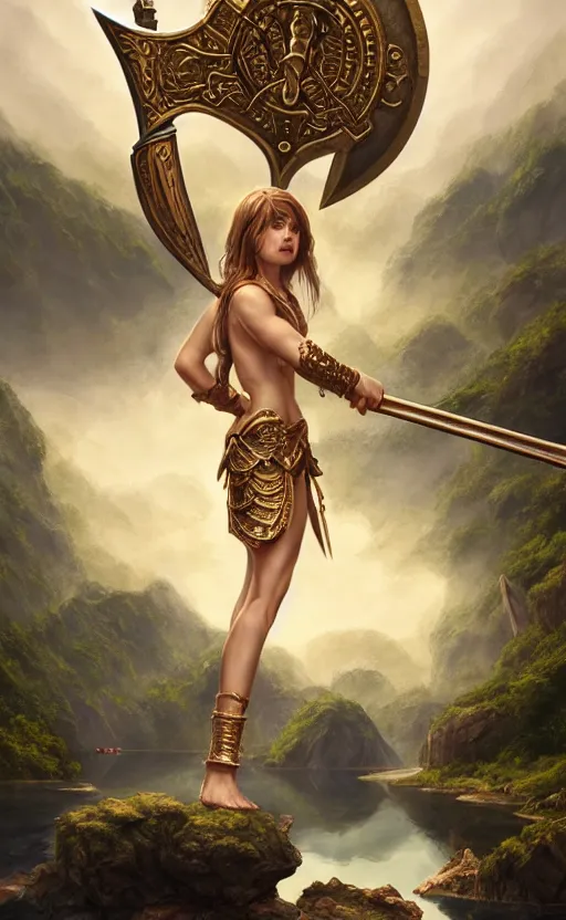 Image similar to lake godness holding gold axe and sliver axe, highly detailed, d & d, water everwhere fantasy, highly detailed, digital painting, trending on artstation, concept art, sharp focus, global illumination, ray tracing, illustration, art by artgerm and greg rutkowski and fuji choko and viktoria gavrilenko and hoang lap