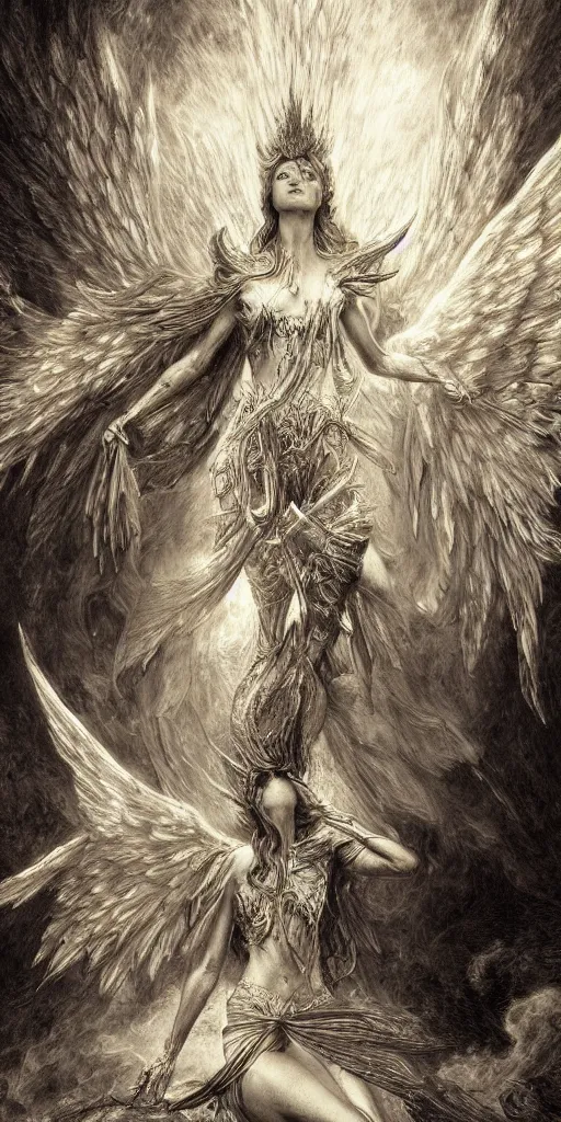 Image similar to burning wings of mighty angel lucifer falling from the heavens, elegant, beautiful, engraving, concept art, elden ring, illustration, smooth, sharp focus, by gustave dore and greg rutkowski, hyper realistic, ephemeral, dramatic lighting, fantasy art, in the style of midjourney, intricate, alphonse mucha, hyper detailed