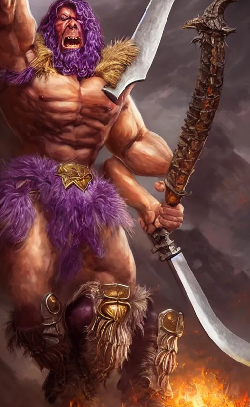 Prompt: amazing masterclass portrait of a ruthless purple barbarian cyclops, giant axe, 8 k, hyperrealistic, dragon slayer, hyperdetailed, fantasy portrait by laura sava