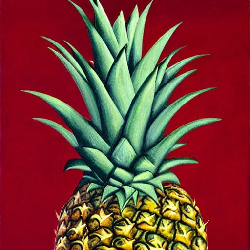 Prompt: le fils de l'homme but with a pineapple, painting by rene magritte, high detail, high resolution