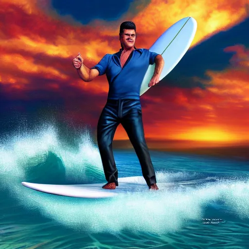 Image similar to photorealistic simon cowell surfing. hyperdetailed photorealism, 1 0 8 megapixels, amazing depth, high resolution, 3 d shading, 3 d finalrender, 3 d cinematic lighting, glowing rich colors, psychedelic overtones, artstation concept art.