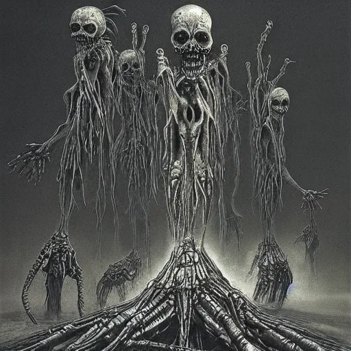 Image similar to merge skeletons in the hundeds reaching out the borken portal to hell, artwork by beksinski gammell mcfarlane giger realsistic horror, wispy prismatic neon ink horrors, fluorescent matte painting glow in the dark