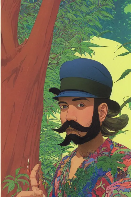 Prompt: a colorful closeup portrait of a handsome young bald man with a very long wild beard and handlebar moustache riding a motorcycle and dreaming psychedelic hallucinations in the overgrown landscape of amazon jungle, by kawase hasui, moebius and edward hopper, colorful flat surreal design, hd, 8 k, artstation