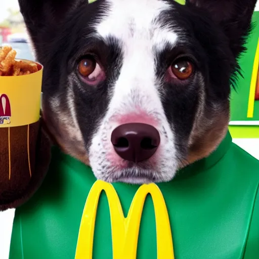 Image similar to photo of anthropomorphic dog working for mcdonalds, fur