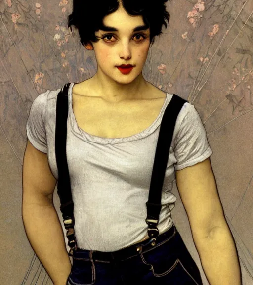 Image similar to lineart of a woman with black hair pixie cut in shorts with suspenders and white t-shirt drawn by anime, Alexandre Cabanel, norman rockwell, peter paul rubens, maler collier, frank frazetta, alphonse mucha, gustav klimt 4k, unreal 5, DAZ, french noveau, trending on artstation, octane render, hyperrealistic