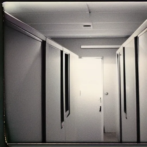 Image similar to a photograph of a haunted cubicle, 1990s, disposable camera,