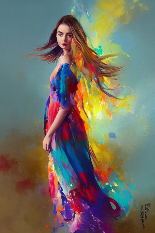 Prompt: a ultra detailed beautiful painting of ana de armas, wearing a colorful flowing dress, high angle shot, oil painting, by ilya kuvshinov, greg rutkowski and makoto shinkai