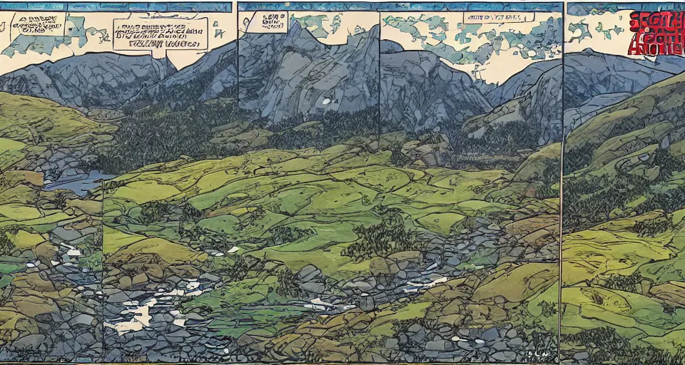 Prompt: a full page comic book panel of the beautiful scottish highlands