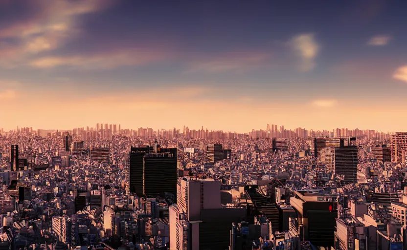 Image similar to blender render of tokyo city from a rooftop view, sunset lighting, unreal engine, hyper realism, realistic shading, cinematic composition, octane render, hdr, detailed textures, photorealistic, ultrawide shot, 1 6 mm lens