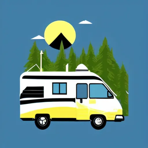 Prompt: a white and black cute thor chateau! motorhome camper!!, highway, mountains and sunset!!, very happy, colorful minimal vector art sticker by tom whalen