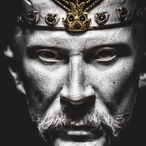 Image similar to stunning beautiful portrait photography of a face detailing medieval king with crown from national geographic magazine award winning, dramatic lighting, taken with Sony alpha 9, sigma art lens, medium-shot