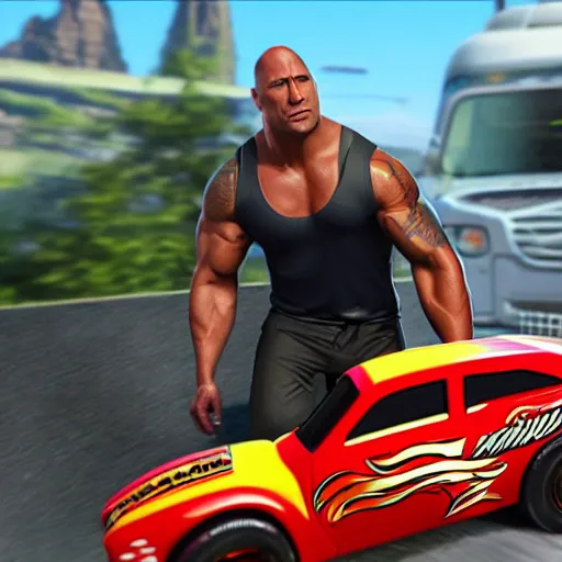 Image similar to dwayne johnson in hotwheels acceleracers