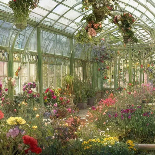 Image similar to a beautifull intricate watercolour painting of a greenhouse with many flowers, reflexions, verry high details by william turner art, greg rutkowski and alphonse mucha, trending on artstation, very very detailed, masterpiece, - h 7 0 4