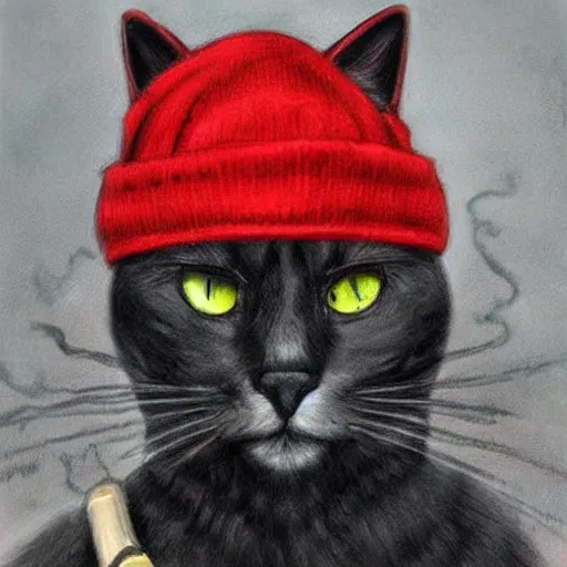 Image similar to A cat with red eyes smoking weed and wearing a beanie, photorealistic art