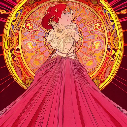 Prompt: background art of flowing theatre red curtains, centered radial design, gold art nouveau graphic elements, flowers, flower petals, movement, painting by mucha, beautiful lighting, anime, manga, studio ghibli, norman rockwell, trending on artstation