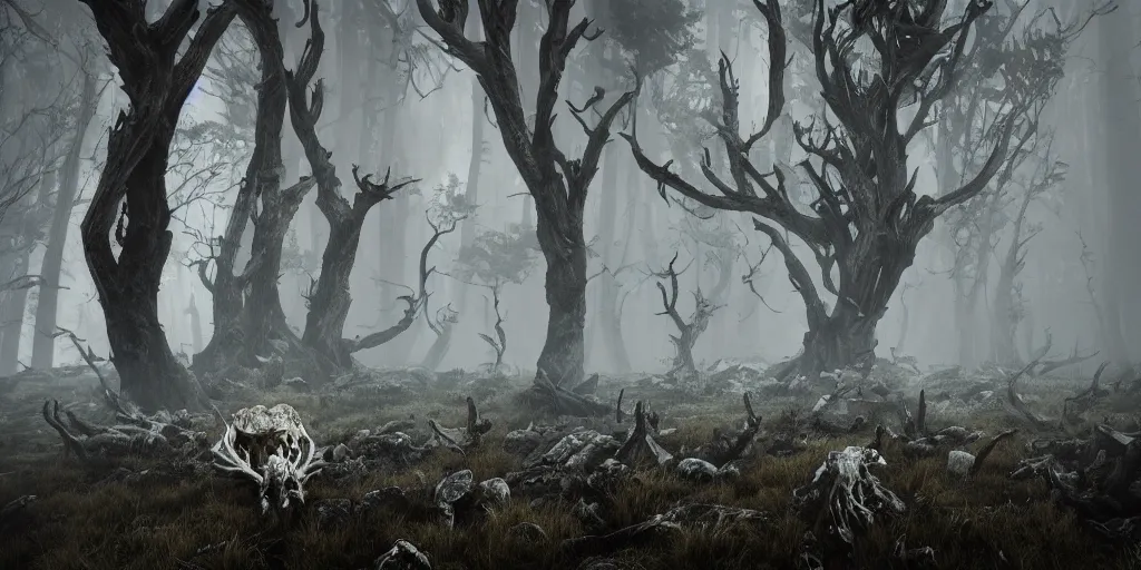 Image similar to leshen with white bird skulls, ram skulls, grand imposing powerful sculpture. swirls of mist. occult photorealism, uhd, amazing depth, volumetric lighting, cinematic lighting. epic landscape.