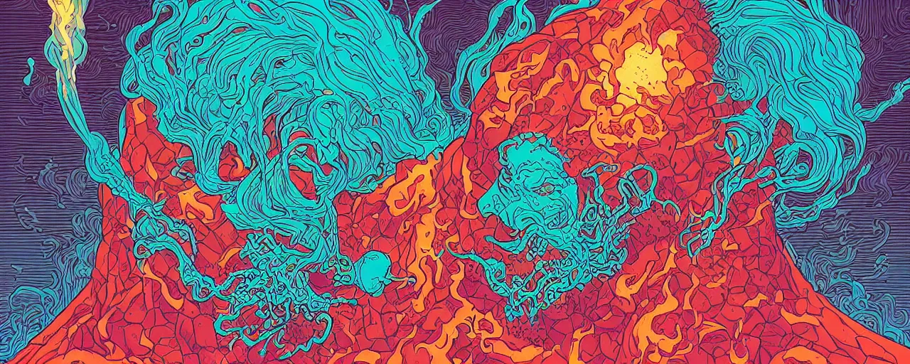 Image similar to portrait of head melting into another one, lava, by josan gonzales and Dan Mumford