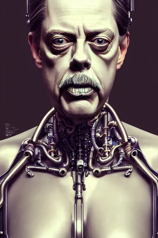 Image similar to wow! 3 / 4 stunning photorealistic portrait of steve buscemi in a kowloon cyberpunk cityscape, biomechanical bodysuit, oppai proportions, acid rain, dark fantasy by artgerm and clay mann and sorayama and alphonse mucha, very realistic, hyperdetailed, trending on artstation, octane render