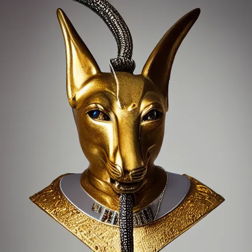 Image similar to portrait of Anubis wearing an elegant suit with a shiny gold necklace, looking at the camera, black background, studio light