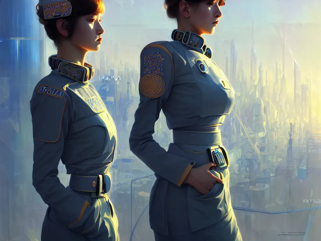 Prompt: portrait futuristic ukraine police uniform girl, at future neon light rooftop, ssci - fi and fantasy, intricate and very very beautiful and elegant, highly detailed, digital painting, artstation, concept art, smooth and sharp focus, illustration, art by tan zi and ayanamikodon and alphonse mucha and wlop