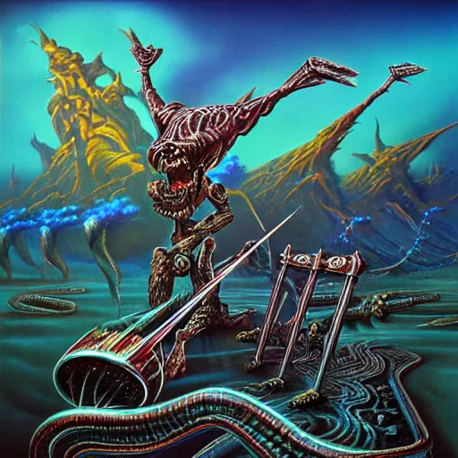 Prompt: NWOBHM metal album cover in the style of Bruce Pennington and kenny scharf and mark arian, realistic, insanely detailed, soft, smooth, airbrush, play-doh, wet, slimy