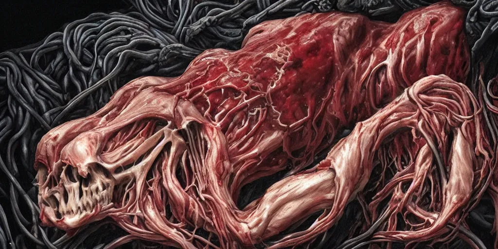 Prompt: a blood-oozing amorphous bloody meat blob composed of muscle, human and animal skulls, and writhing tendrils made of muscles and tendons, lurking in the darkness, cinematic, high-quality, color
