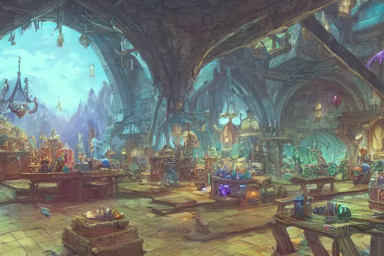 Prompt: interior wide angle shot of a fantasy coastal market place in the style of arcane league of legends, christopher c. lee, moebius, makoto shinkai