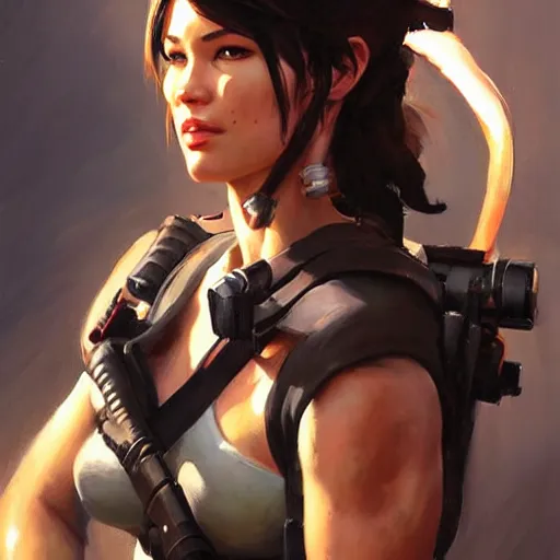 Prompt: greg manchess portrait painting of fully armored lara croft as overwatch character, medium shot, asymmetrical, profile picture, organic painting, sunny day, matte painting, bold shapes, hard edges, street art, trending on artstation, by huang guangjian and gil elvgren and sachin teng