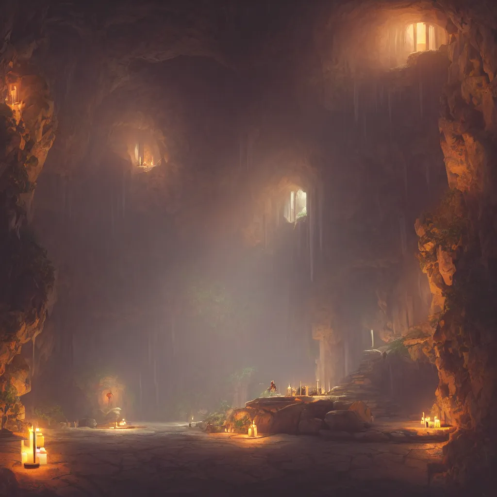 Image similar to secret overwatch common area carved inside a cave, doors to various bedrooms, sheltered, magical, natural light, huge central tree, flowers, candle light, cinematic lighting, clean lines, cozy, fantasy, minimalist architecture, sharp focus, concept art, octane render 4 k, artstation, by greg rutkowski