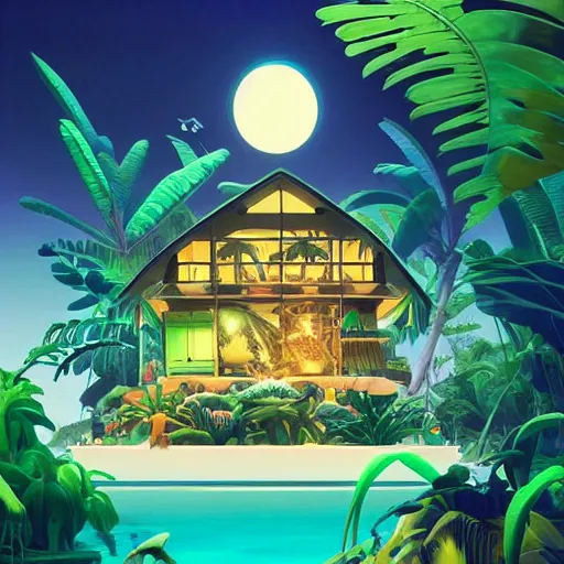 Image similar to a luminescent tropical cottage by paolo eleuteri serpieri and tomer hanuka and chesley bonestell and daniel merriam and tomokazu matsuyama, unreal engine, high resolution render, featured on artstation, octane, 8 k, highly intricate details, vivid colors, vector illustration