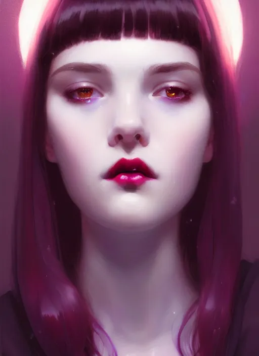 Image similar to portrait of pale teenage girl, red irises, black hair, white bangs, purple lipstick, intricate, elegant, glowing lights, highly detailed, digital painting, artstation, concept art, smooth, sharp focus, illustration, art by wlop, mars ravelo and greg rutkowski