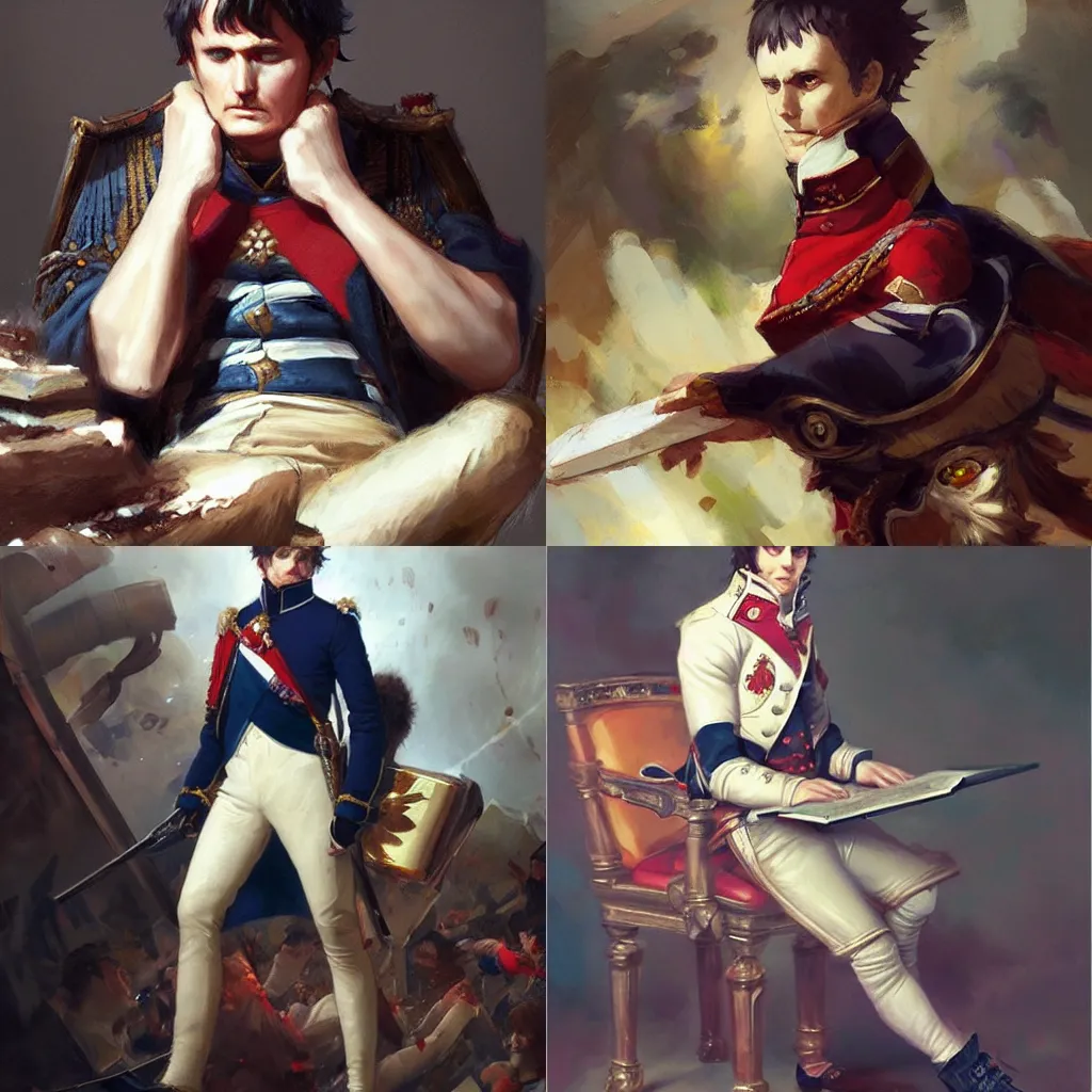 Prompt: Napoleon Bonaparte rage quitting and smashing his laptop, painting by krenz cushart, wlop,