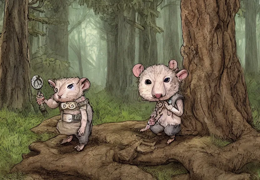 Prompt: possum dressed as an adventurer, hidden in the forest, colorized, highly detailed, 4k, trending on Artstation, award-winning, art by Maurice Sendak