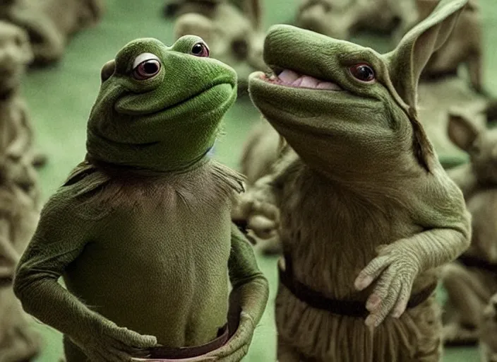 Prompt: handsome muscular kermit confronts an army of bunny rabbits film still directed by denis villeneuve