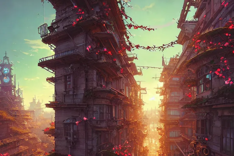 Prompt: steampunk city, cherry blossoms, unreal engine, fantasy art by greg rutkowski, loish, rhads, ferdinand knab, makoto shinkai and lois van baarle, ilya kuvshinov, rossdraws, tom bagshaw, global illumination, radiant light, detailed and intricate environment