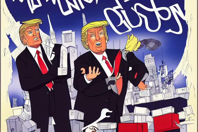 Image similar to 2 d poster illlustration donald trump and donald trump wearing trenchcoats and black spy hats, stacks of boxes everywhere and a safe broken open for the movie spy vs spy