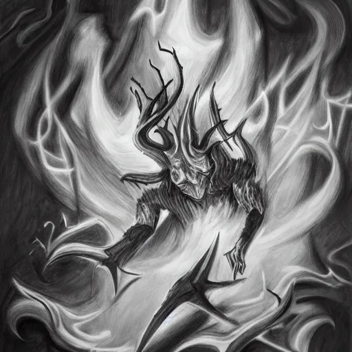 Prompt: full body grayscale drawing by Anato Finnstark of horned demon in 3/4 view, swirling flames